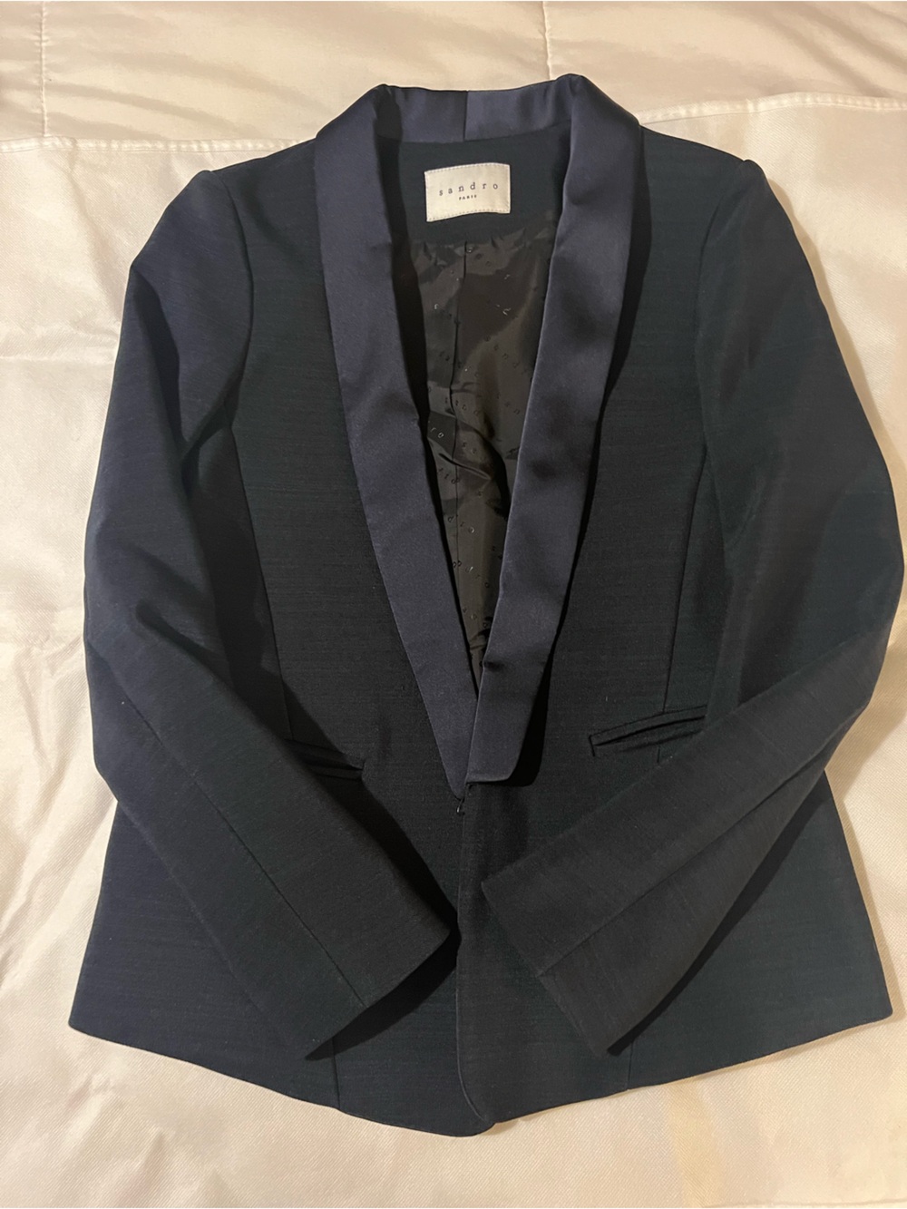 Sandro Paris Navy Satin Lapel Tuxedo Blazer Women’s EU 36 US 4 Tailored Career